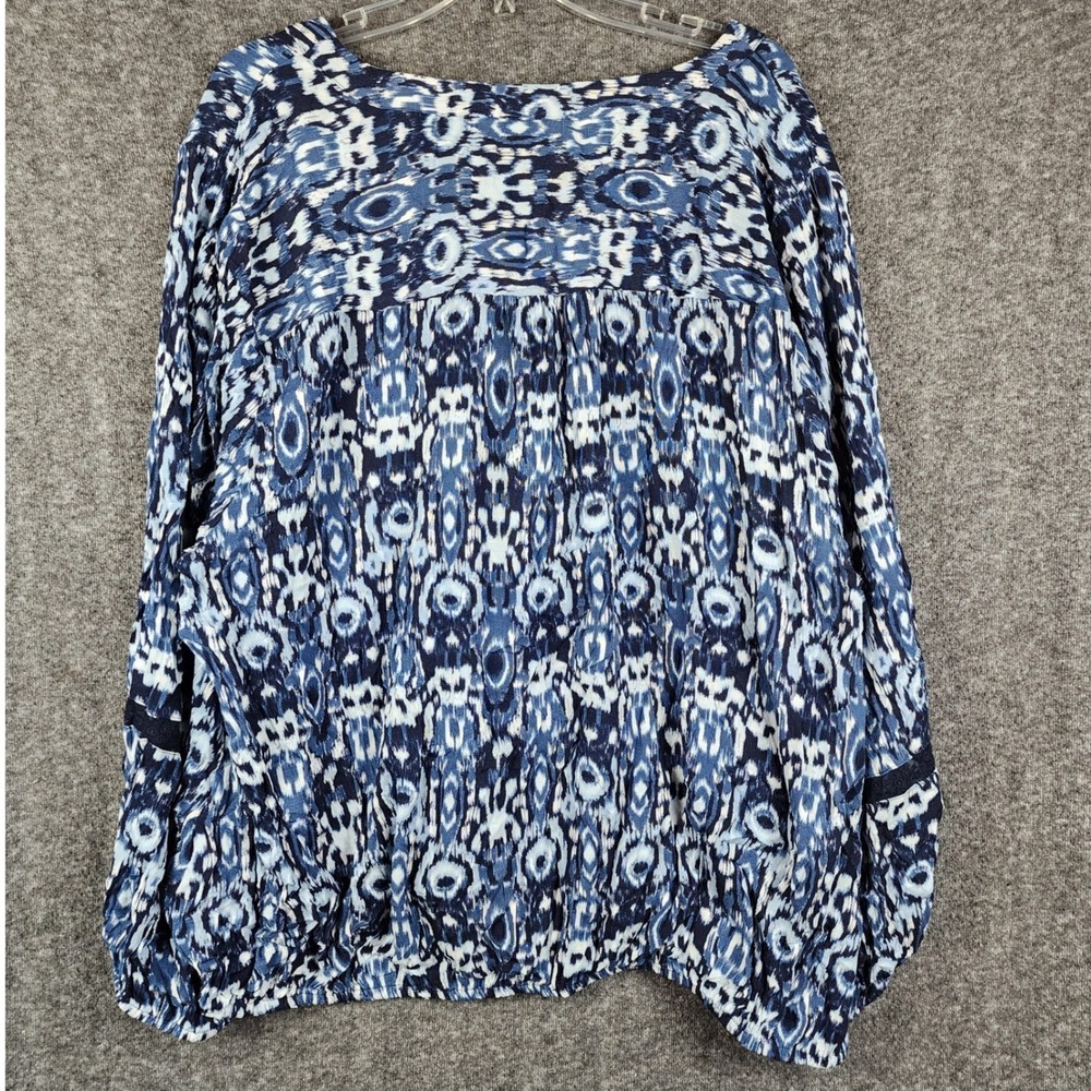 Lane Bryant Blouse Women Size 26/28 Blue Ikat Lace Accent Balloon Sleeve NWT